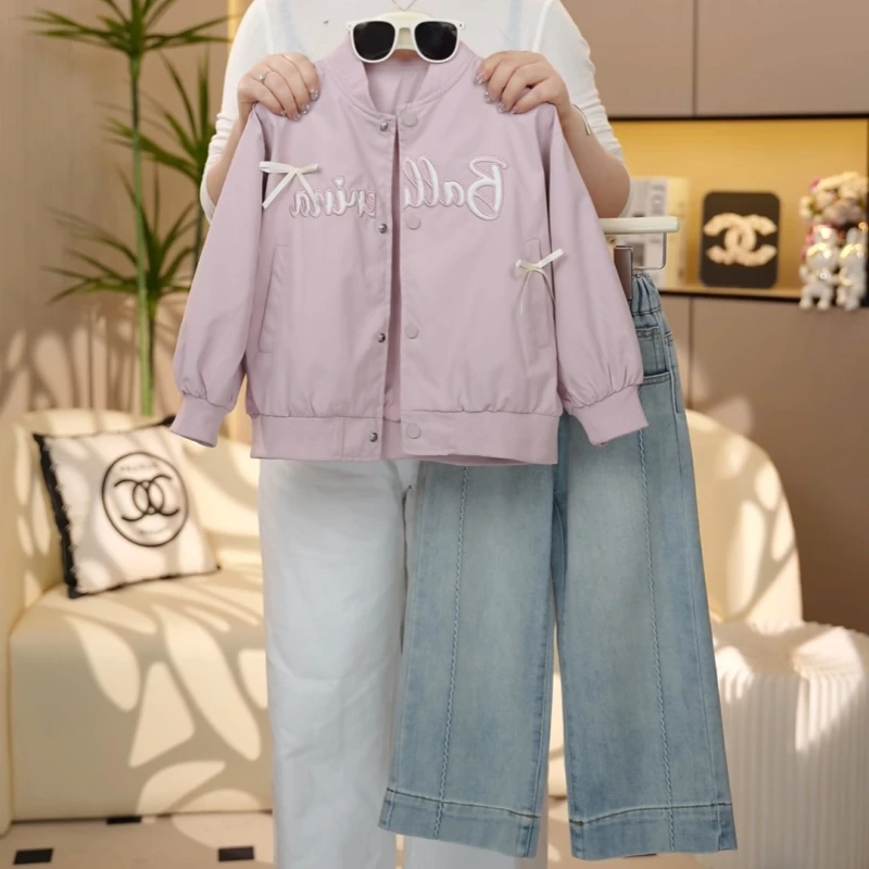 【糖宝魔豆】女童春装棒球服套装新款洋气女孩休闲上衣+牛仔长裤子