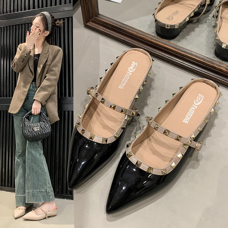 欧美时尚尖头一字拖半拖玛丽珍鞋女2025夏季新款铆钉气质凉鞋百搭