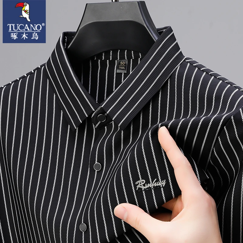 啄木鸟夏季男士条纹短袖衬衫透气高弹抗皱冰丝无痕商务休闲衬衣