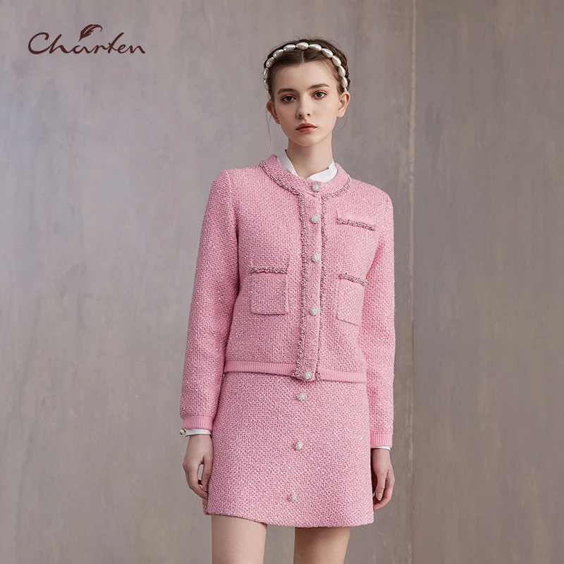 【媛媛专享】朝峰气质时尚短款小香风毛织开衫外套CFE3B122-1063C