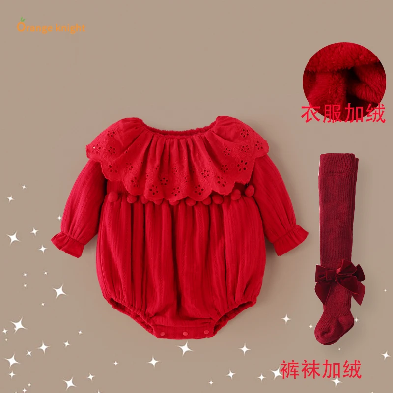 新生婴儿公主包屁衣女宝宝红色满月衣服百天周岁礼服洋气春秋冬季
