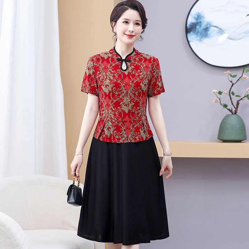 中年妈妈夏装新款短袖连衣裙洋气显瘦旗袍中老年女假两件遮肚裙子