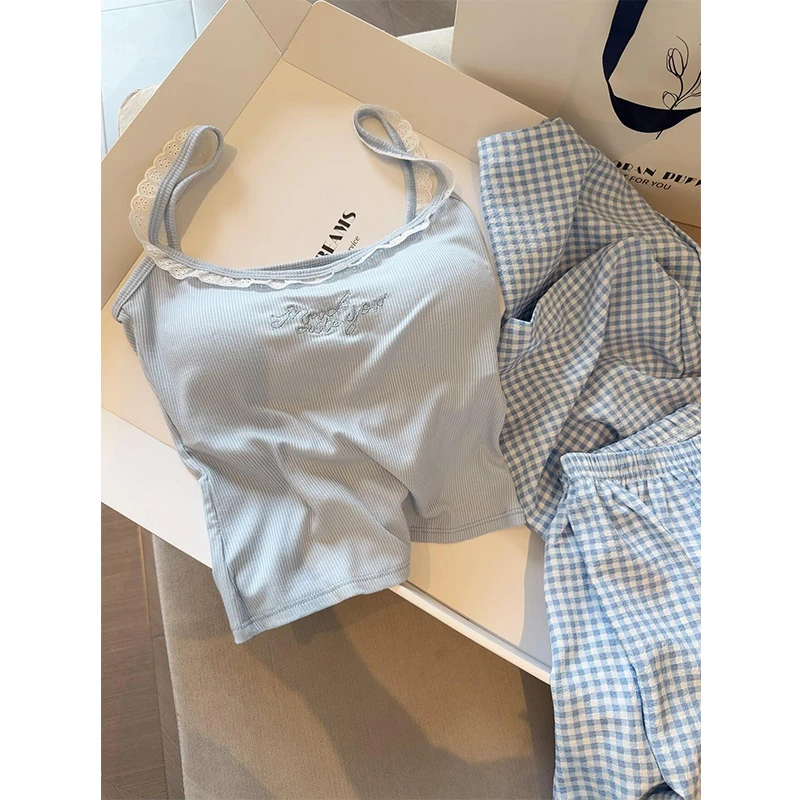 日系少女蕾丝蓝色带胸垫吊带睡衣女夏2025新款格子长裤套装居家服