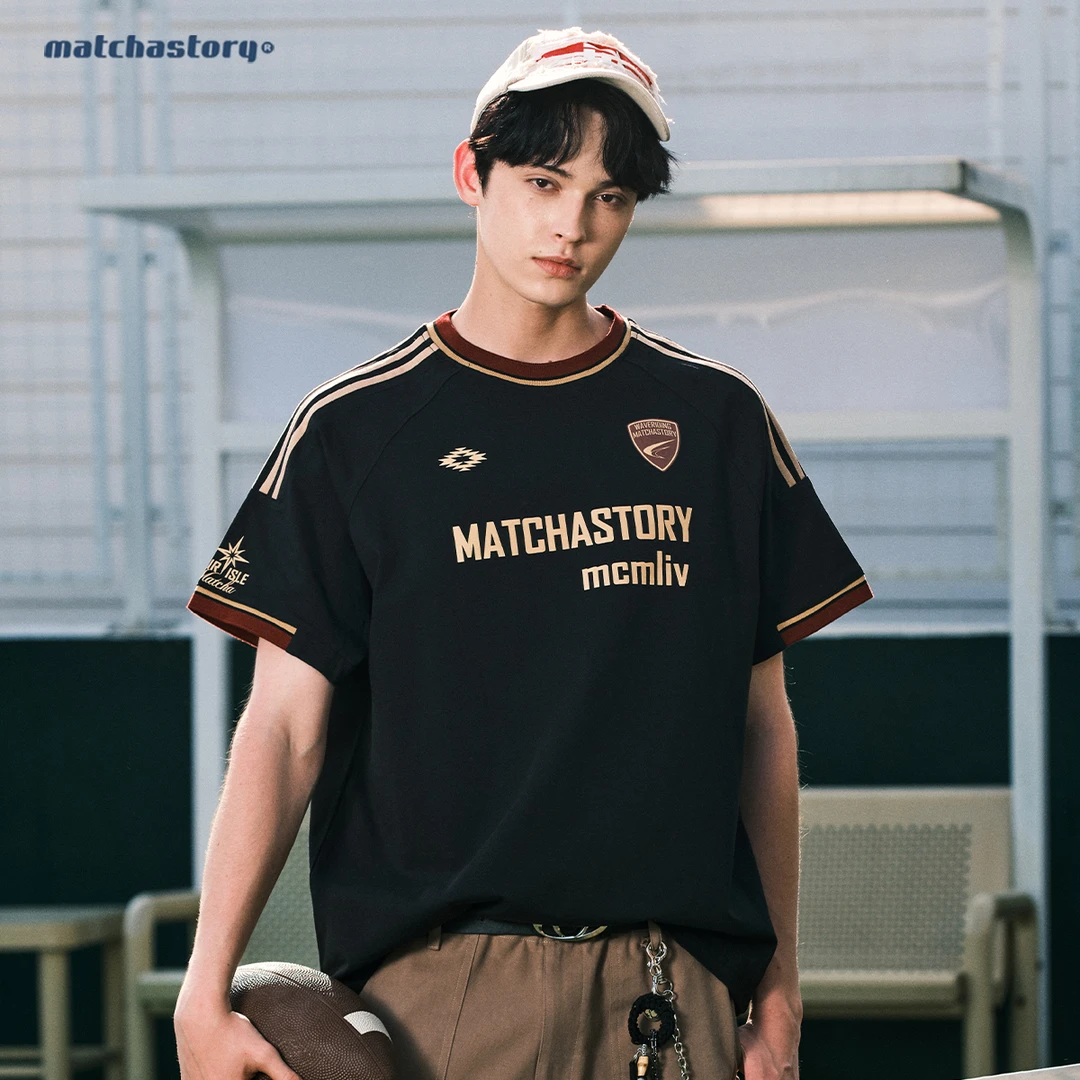 抹茶故事织带球衣运动短袖夏季复古美式学院风T恤M25721702