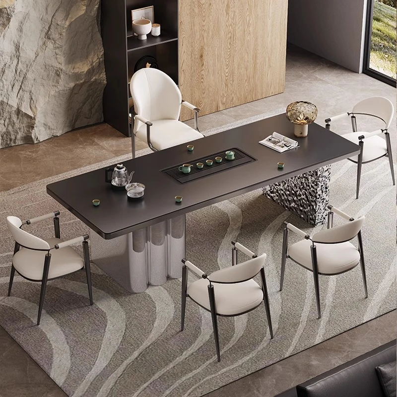 新款高级感家用茶台不锈钢脚茶桌椅组合现代简约轻奢办公室泡茶桌