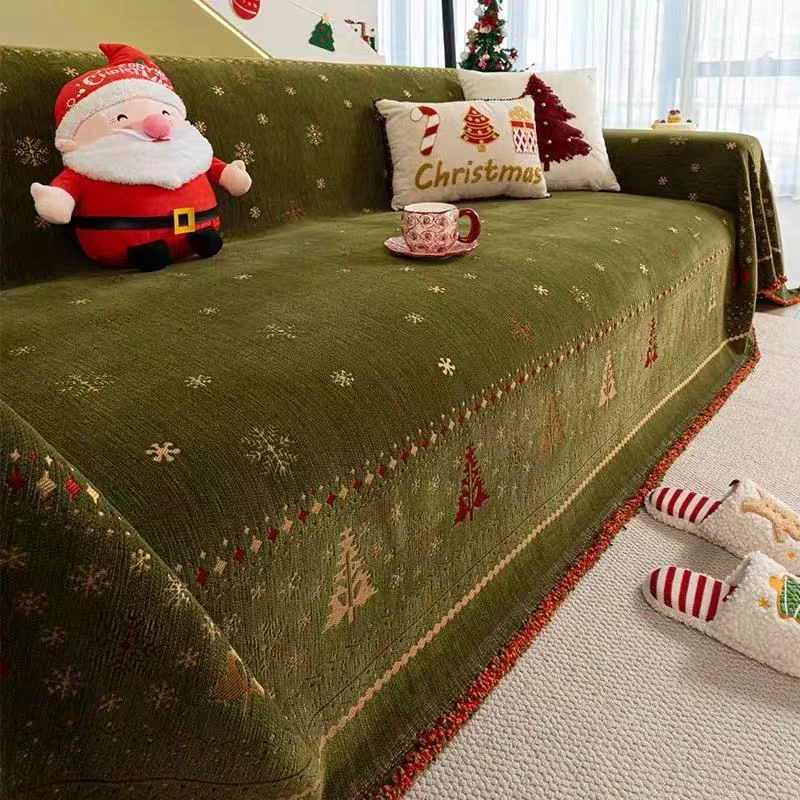 圣诞节氛围感沙发盖布雪尼尔四季通用全包一整张全盖沙发巾套罩毯