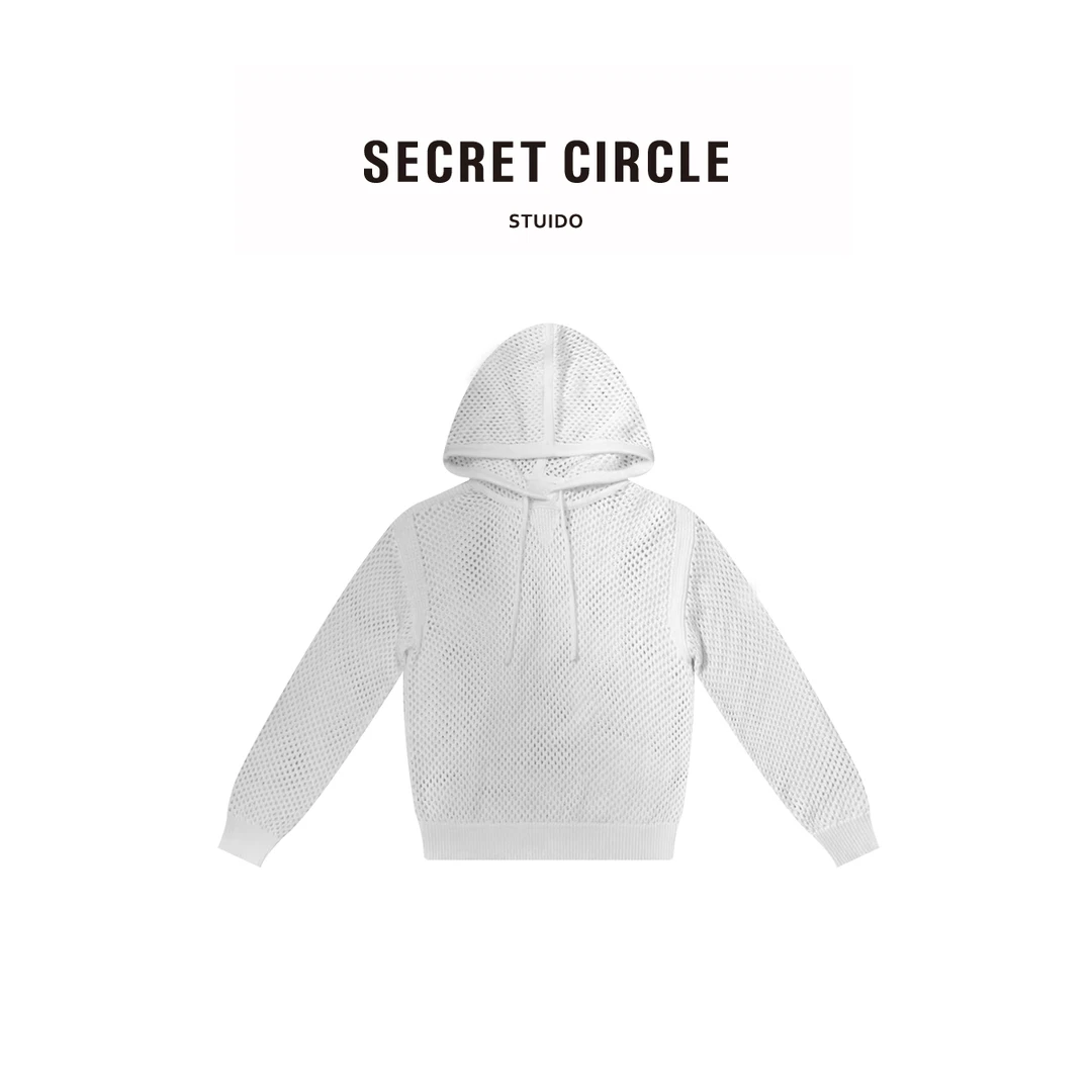 SECRET CIRCLE·秘社 100棉镂空设计连帽纯色系绳针织衬衣19108