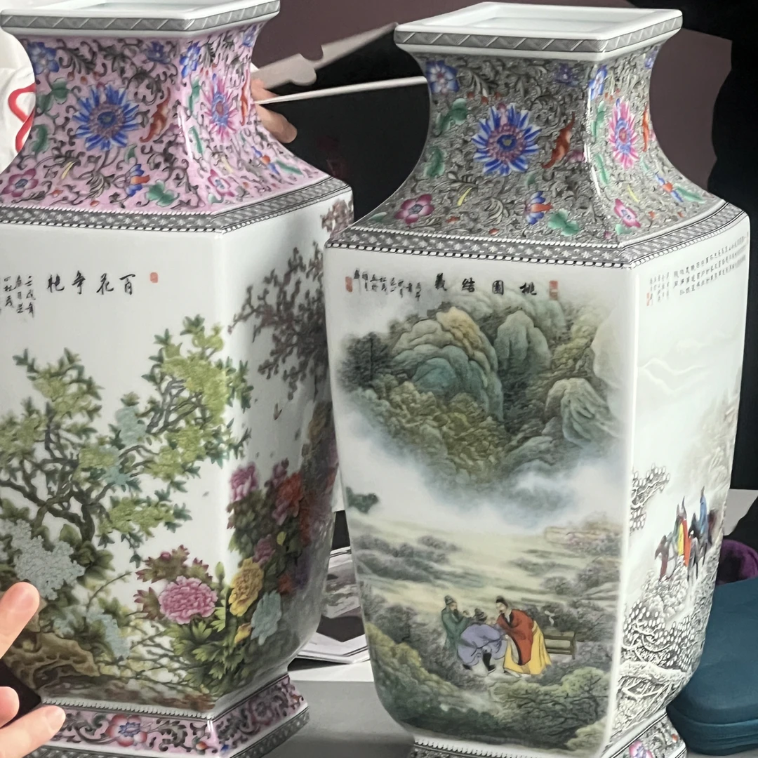 景德镇陶瓷三顾茅庐百花争艳四方尊对瓶摆件