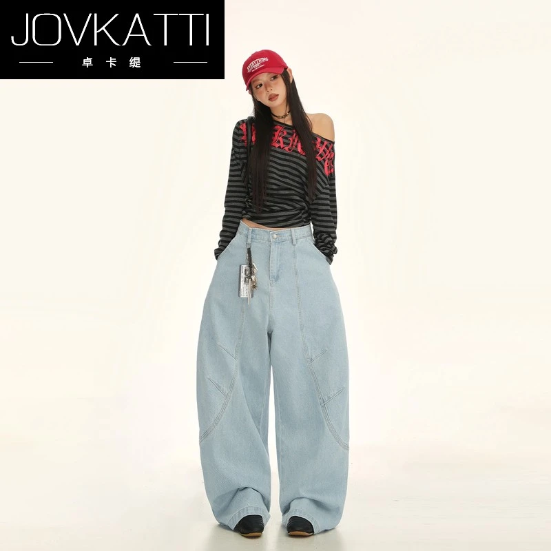 美式弯刀裤女2025新款秋冬复古水洗解构设计感浅蓝色牛仔裤
