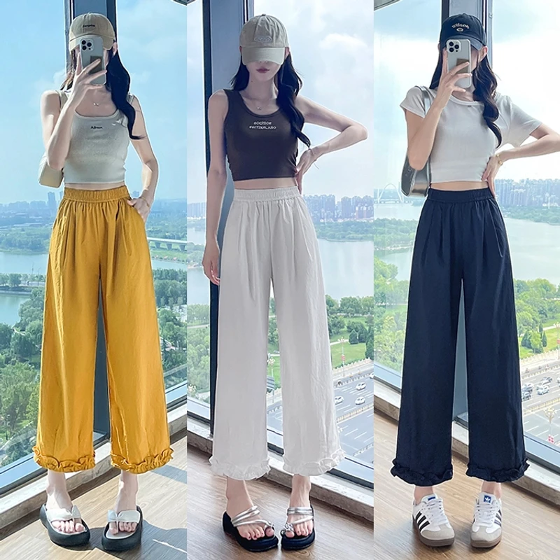 韩系夏季木耳花边直筒阔腿休闲裤大码休闲八分/九分薄款女