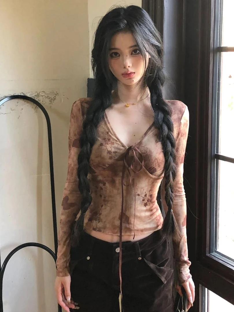 V领晕染领口系带交叉拼接褶皱长袖网纱上衣 9465#