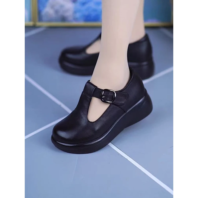 纯牛皮单鞋女春夏新款超轻松糕厚底真皮T字扣坡跟休闲百搭妈妈鞋