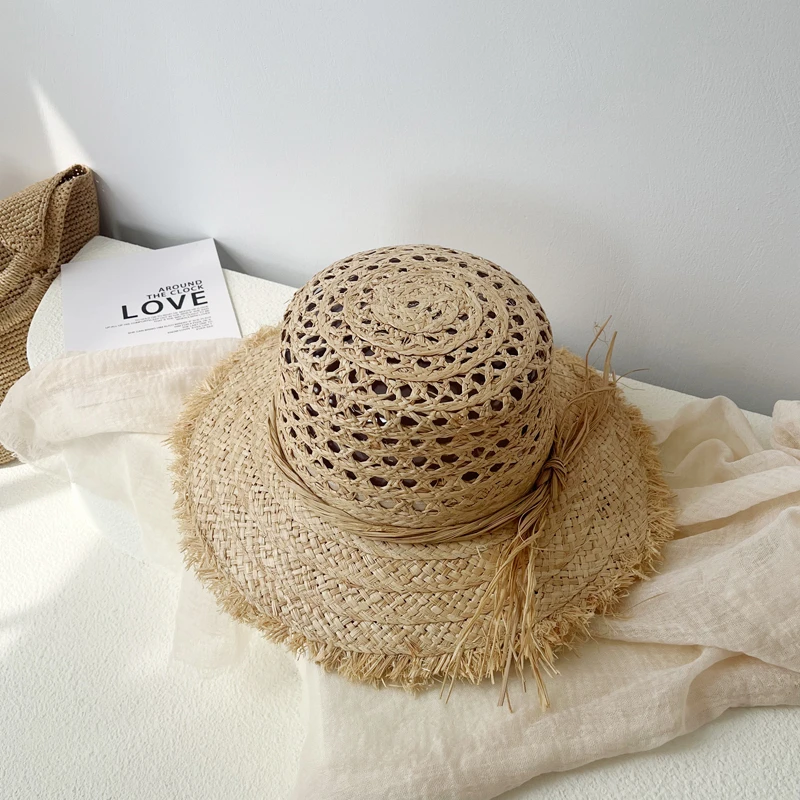 毛边镂空欧美天然拉菲草帽女时尚网红拍照透气星光网眼海边沙滩帽