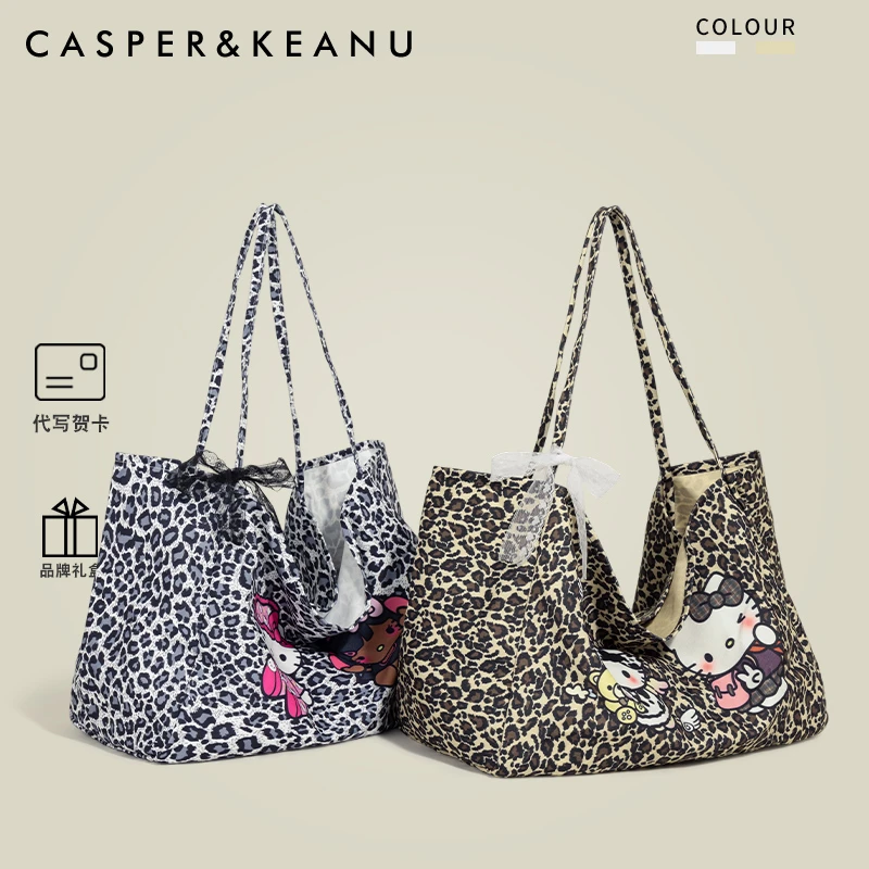 CASPER&KEANU美式复古豹纹Kitty猫帆布包女2025新款大容量单肩包