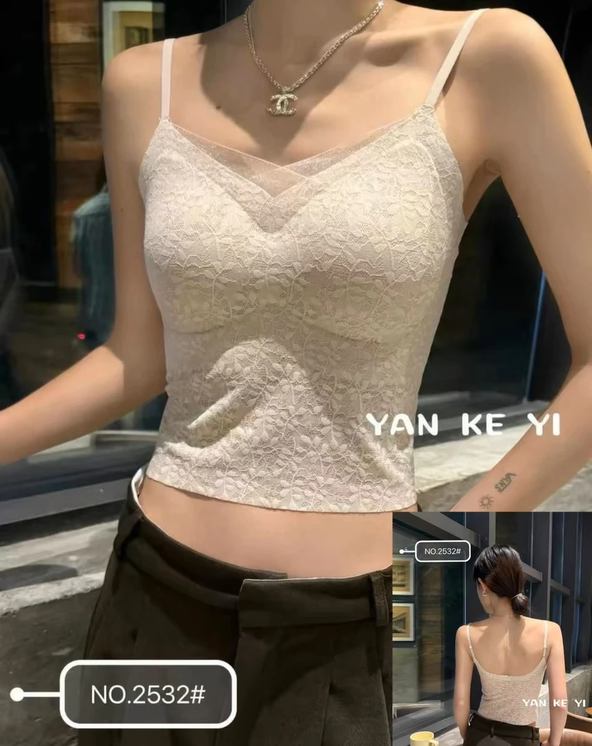 WTT-2532 新款女性感法式蕾丝拼接一体杯吊带背心冰丝无痕V领美背