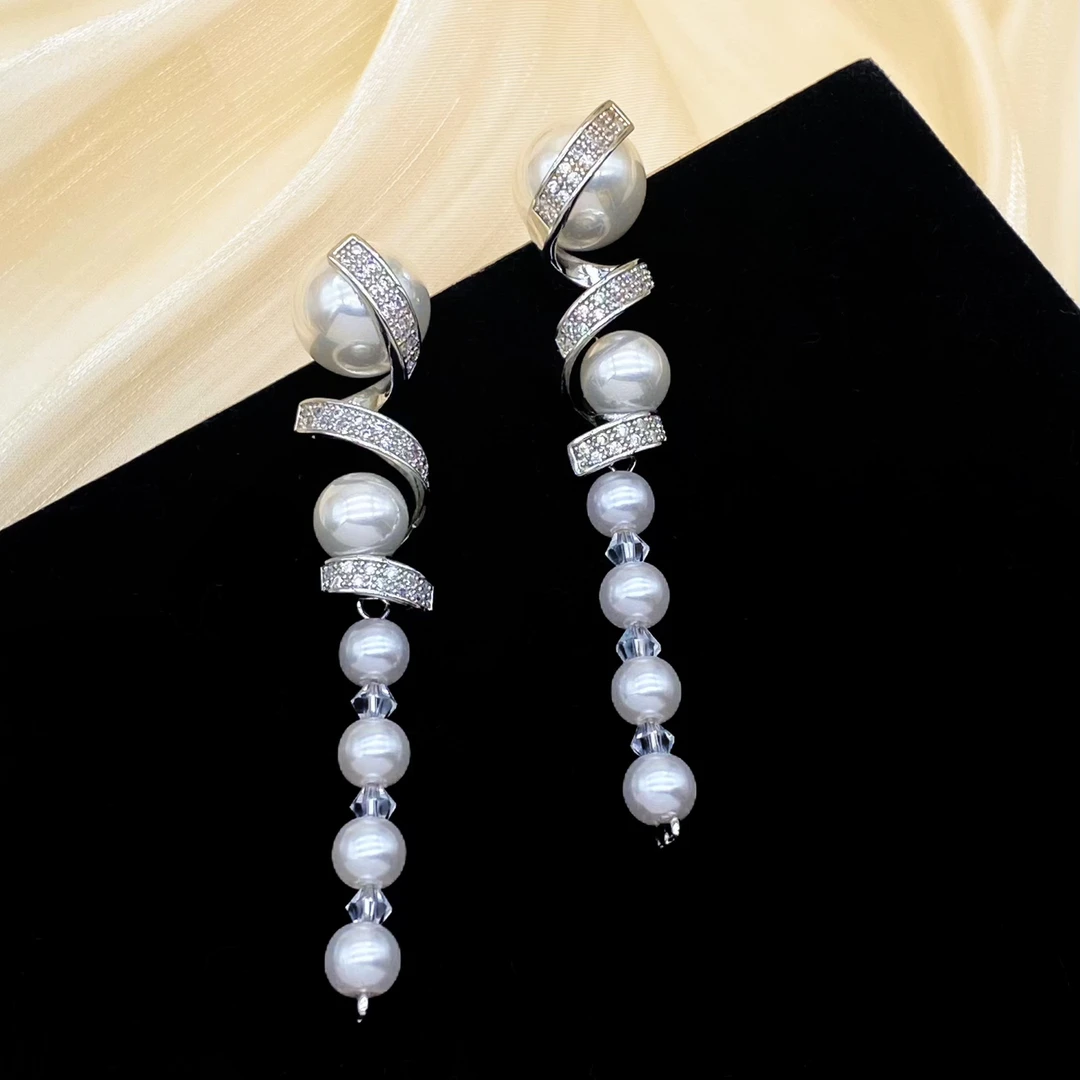 铜合金合成锆石耳饰 星碎KL054法式精致重工高级银色旋转耳环