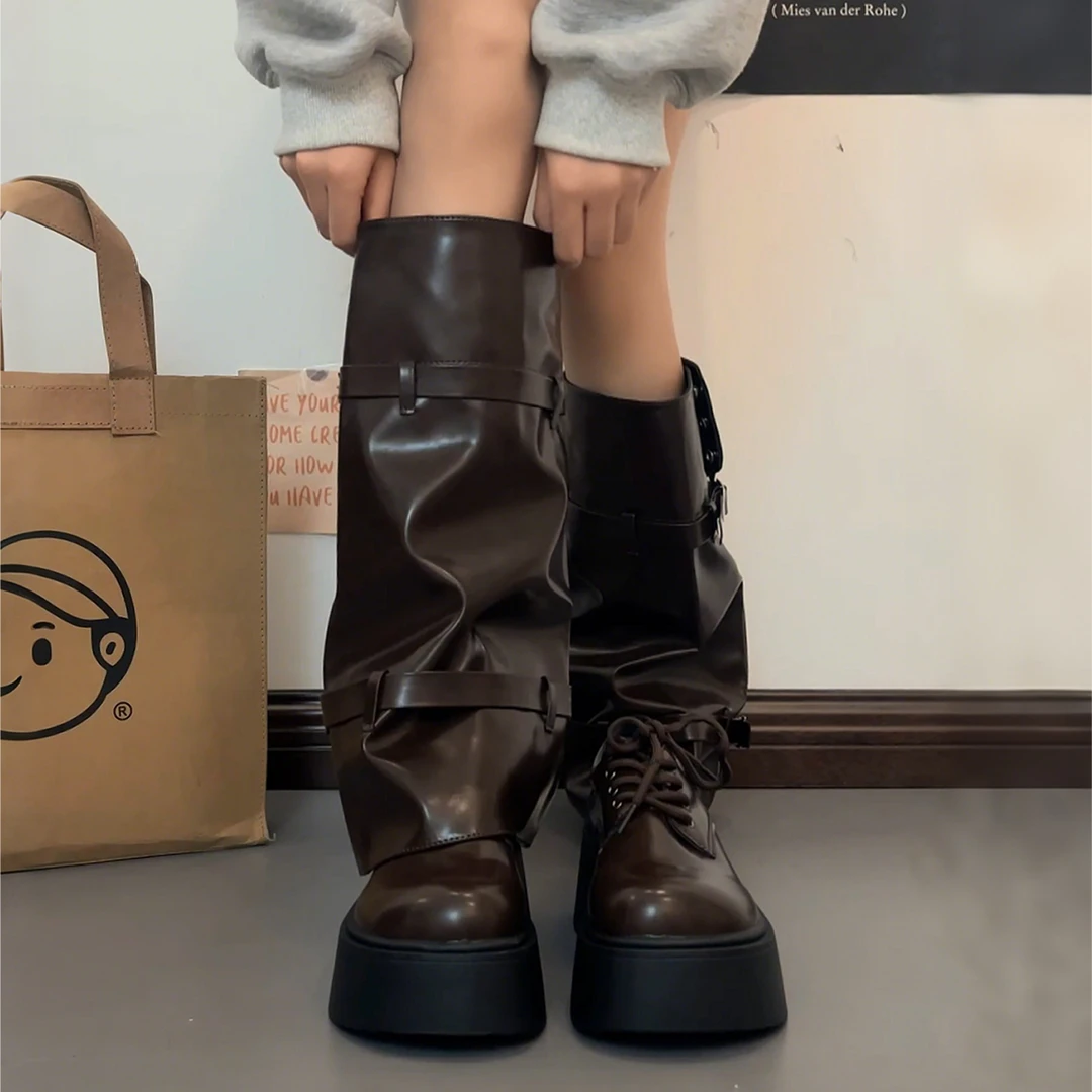 复古英伦风两穿皮带扣裤管靴女2025新款秋冬季百搭显瘦增高骑士靴
