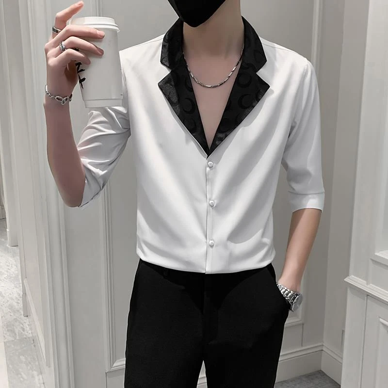 男士衬衫短袖夏季设计感小众潮牌男装发型师痞帅七分中袖西装衬衣