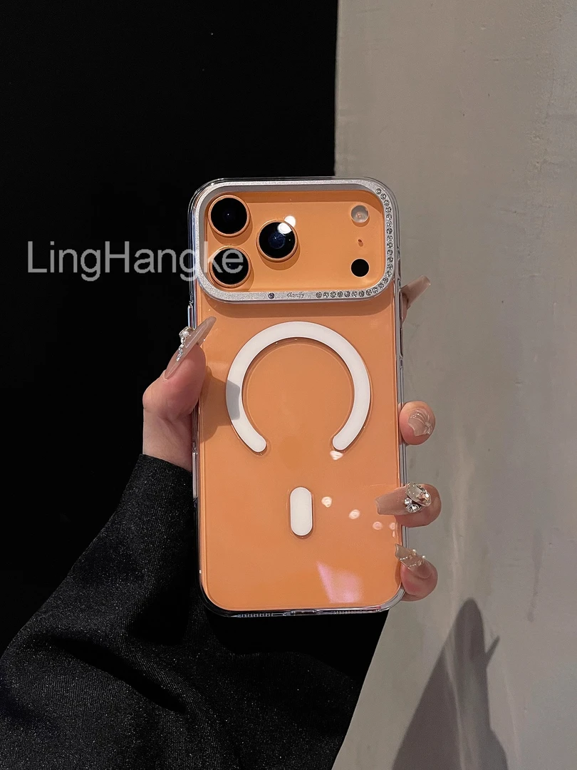 高颜值适用苹果17promax手机壳17简约16大孔闪钻镜框磁吸ins风15