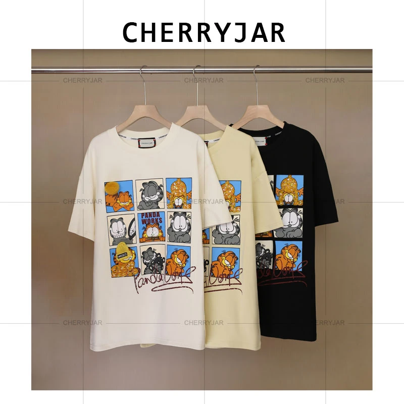 Cherryjar【251074】时尚加菲猫九宫格印花立体装饰点缀重工T恤