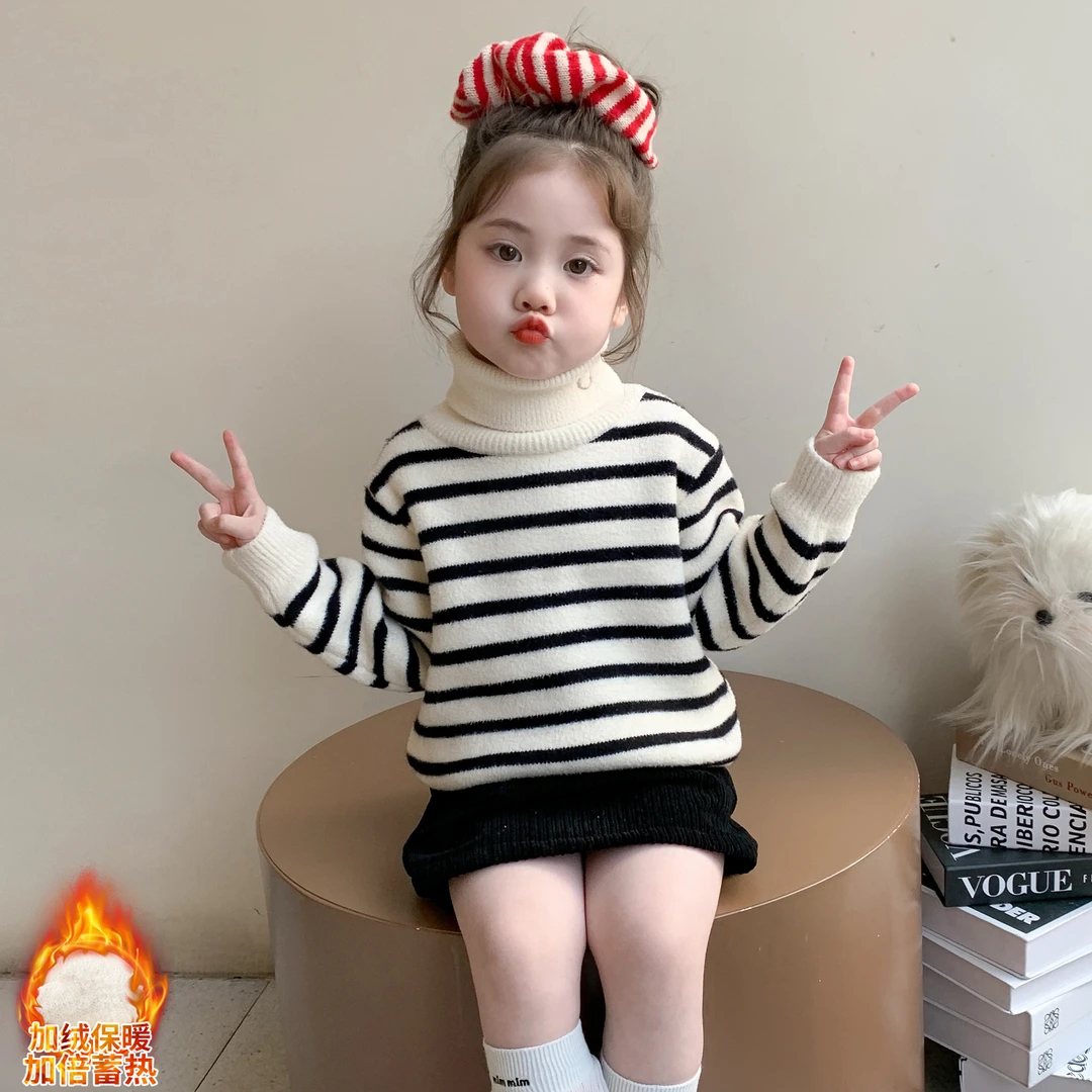 女童秋冬套头高领毛衣女宝宝加绒加厚洋气休闲韩版儿童内搭上衣冬