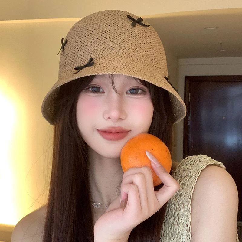 海边度假草帽女夏季蝴蝶结草编出游海边透气遮阳防晒渔夫水桶帽子