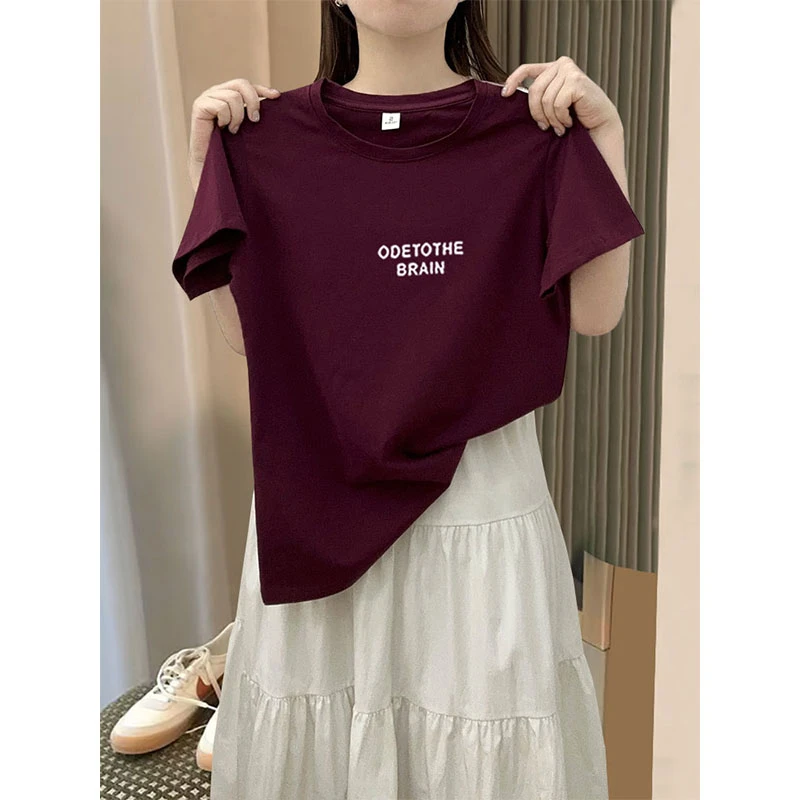 正肩小众设计感圆领短袖t恤女士时尚百搭洋气乌梅紫色薄款上衣夏