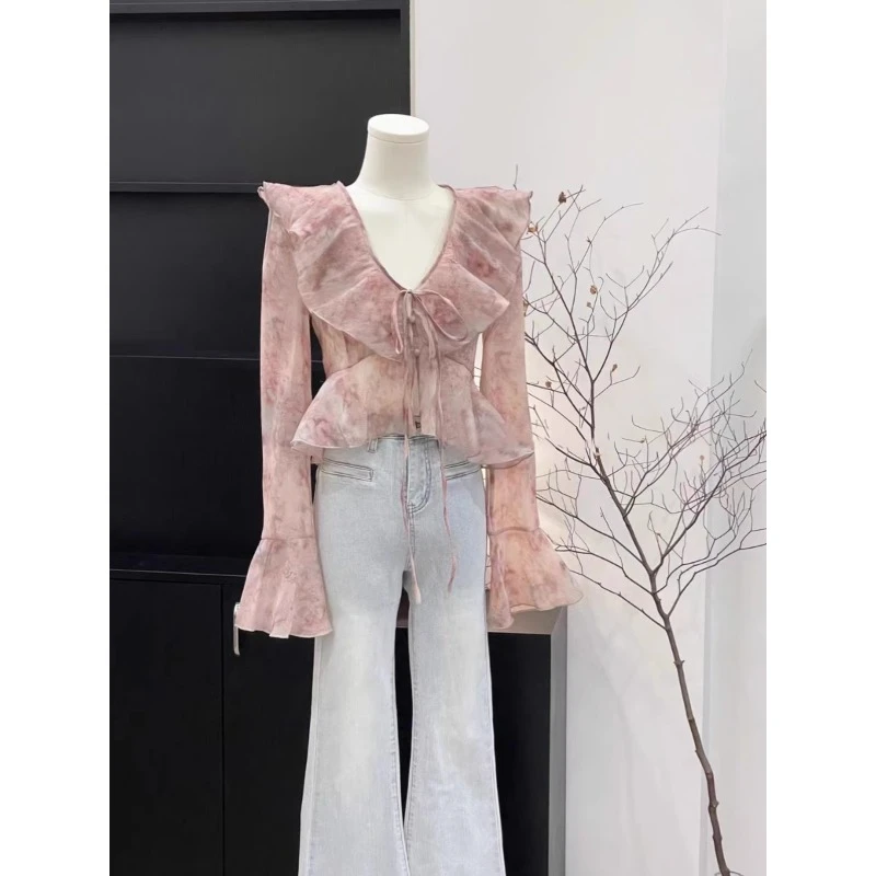 好听鸭法式荷叶边V领晕染雪纺衬衫温柔夏甜美气质防晒长袖上衣女