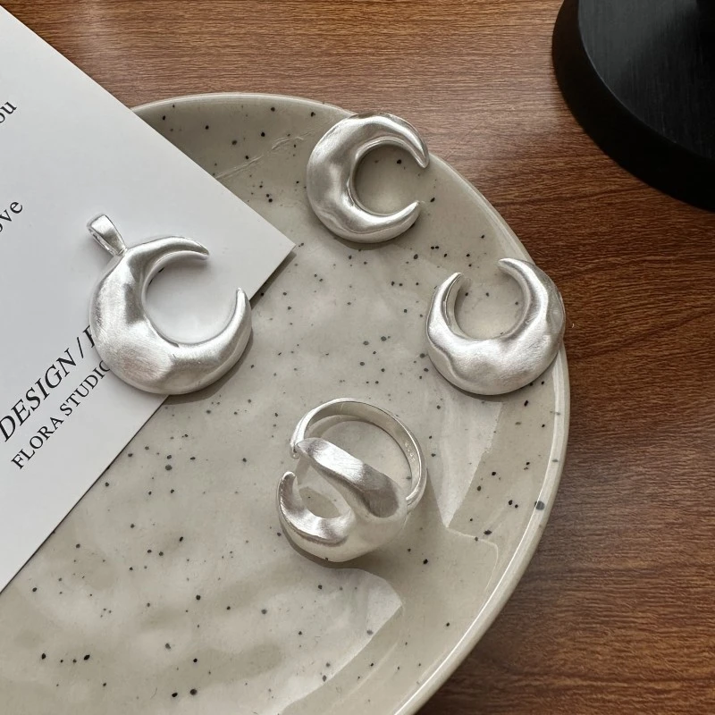 925银耳饰 韩版拉丝大月亮项链韩系时髦INS风时尚磨砂指环耳环女