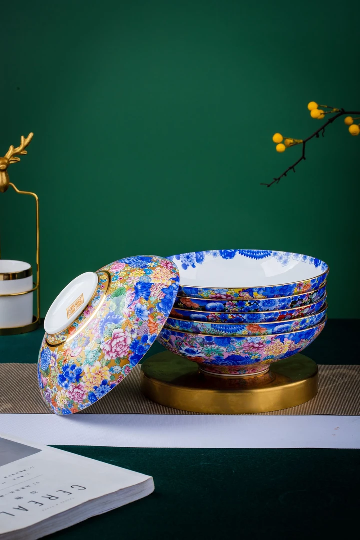 【斗彩万花8英寸斗笠锅盘】珐琅彩高端餐具家用陶瓷青花瓷盘子中式