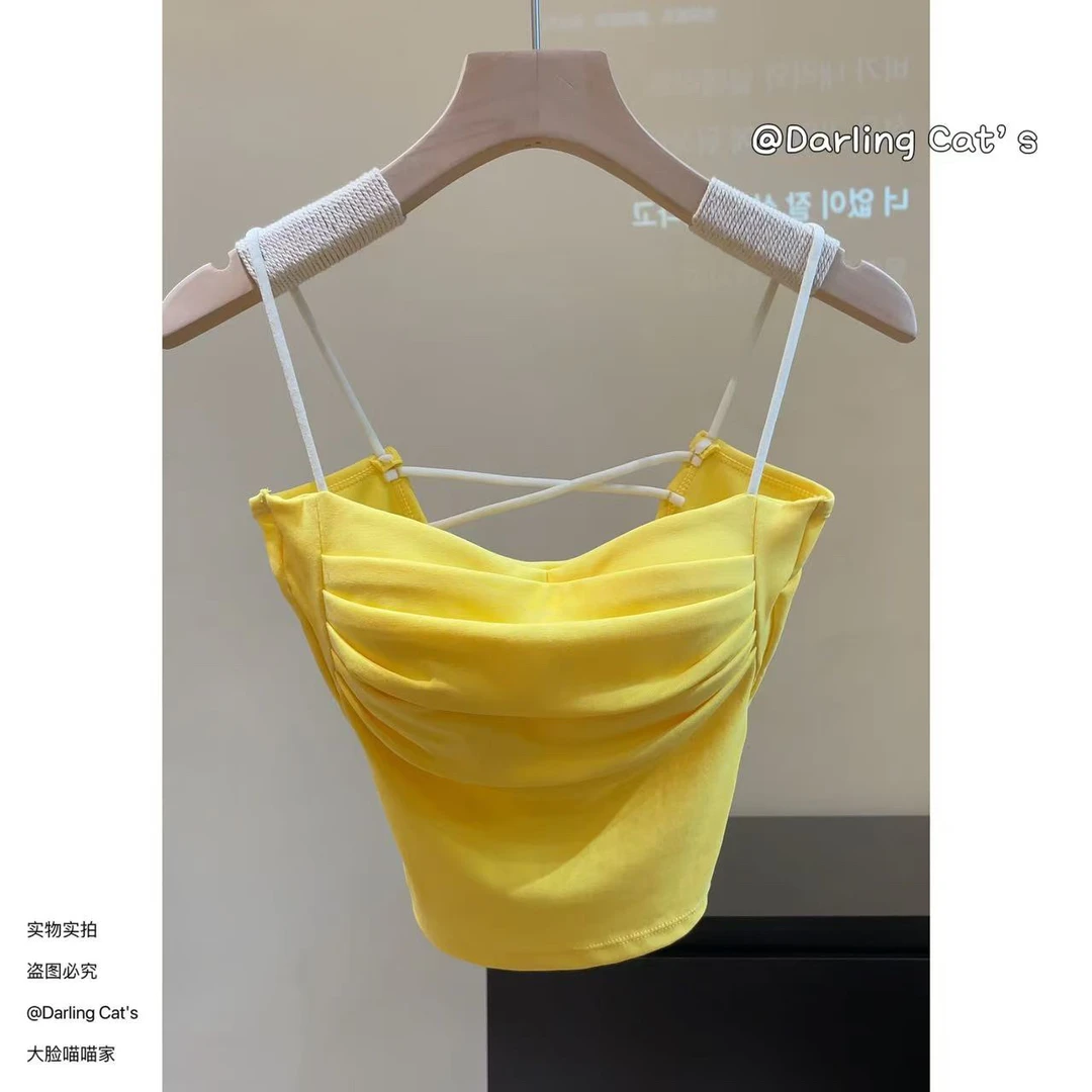 大脸喵 氧气女孩 2025年新款褶皱设计一字领撞色吊带背心修身短款