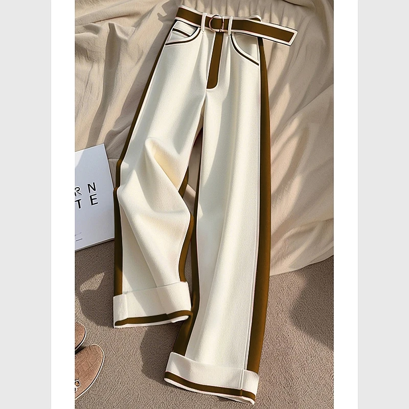 2024冬季新款小个子独特别致高级感高腰显瘦白拼咖撞色阔腿裤子女
