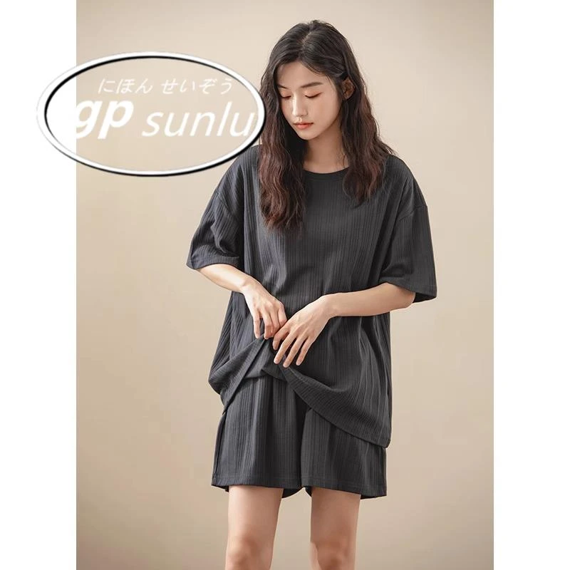 日系GP带胸垫睡衣女款夏季纯棉圆领短袖短裤深灰色条纹家居服套装