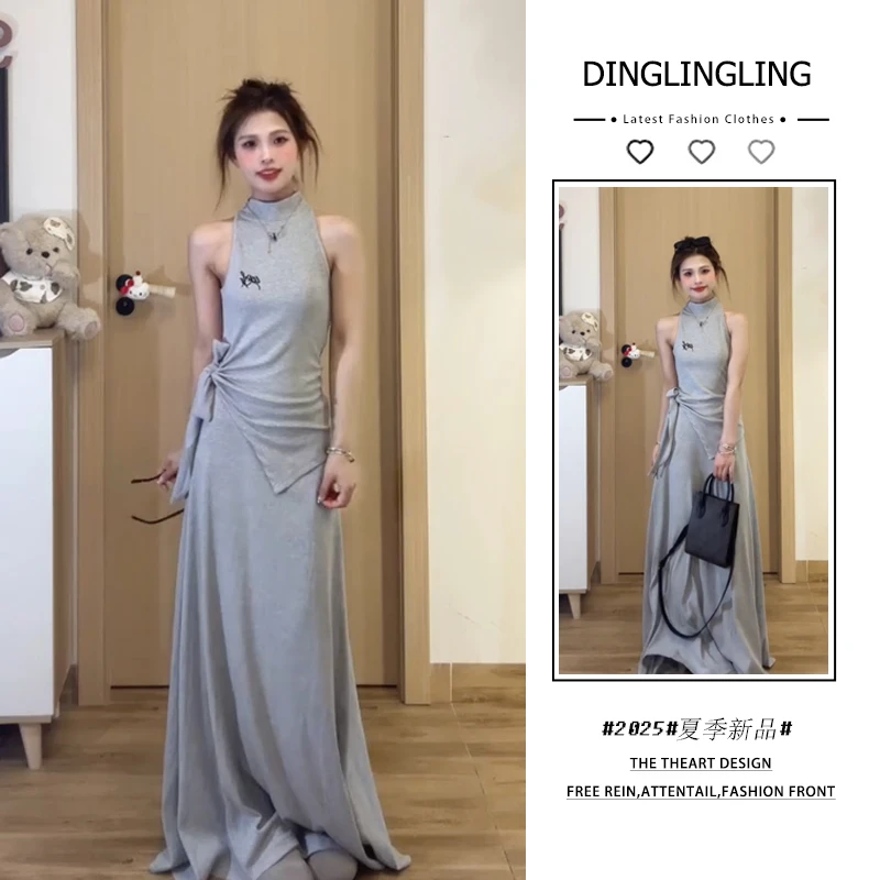 2025年夏季新款韩穿搭套装女辣妹无袖挂脖绑带上衣半身裙两件套潮