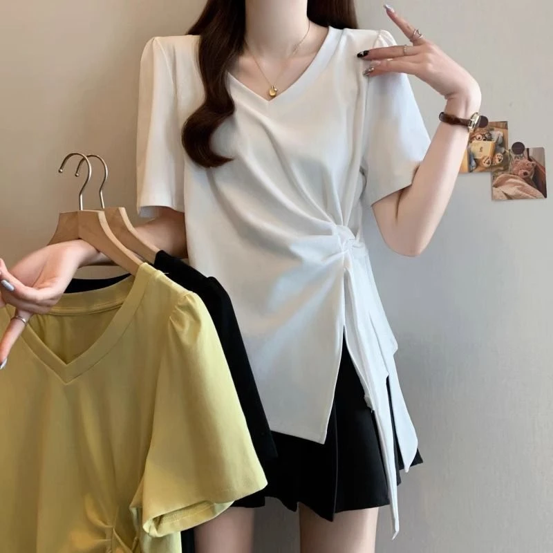 大码200斤时尚气质法式V领褶皱设计感正肩短袖t恤女夏季遮肉上衣