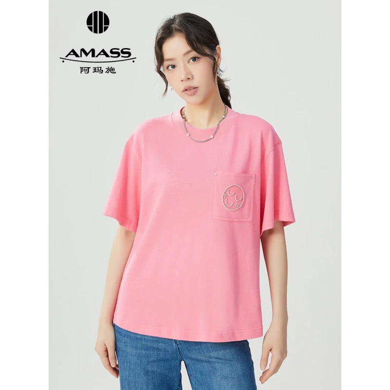 AMASS/阿玛施夏季新款圆领套头印花宽松百搭短袖t阿玛施粉色t恤
