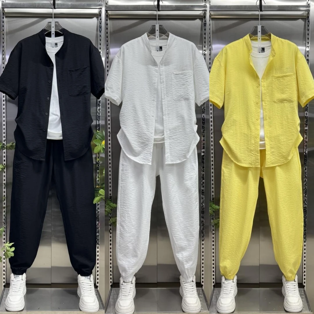 夏季新款棉麻两件套时尚男士冰丝衬衫裤子套装天丝亚麻个性穿搭