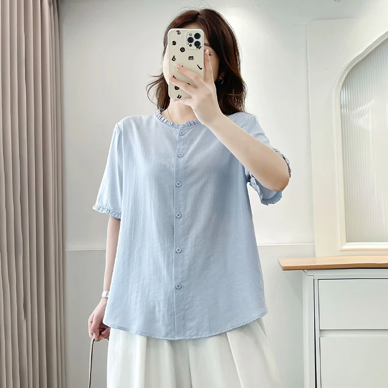 大码女装洋气微胖MM宽松衬衫百搭短袖圆领半袖上衣服胖mm时尚