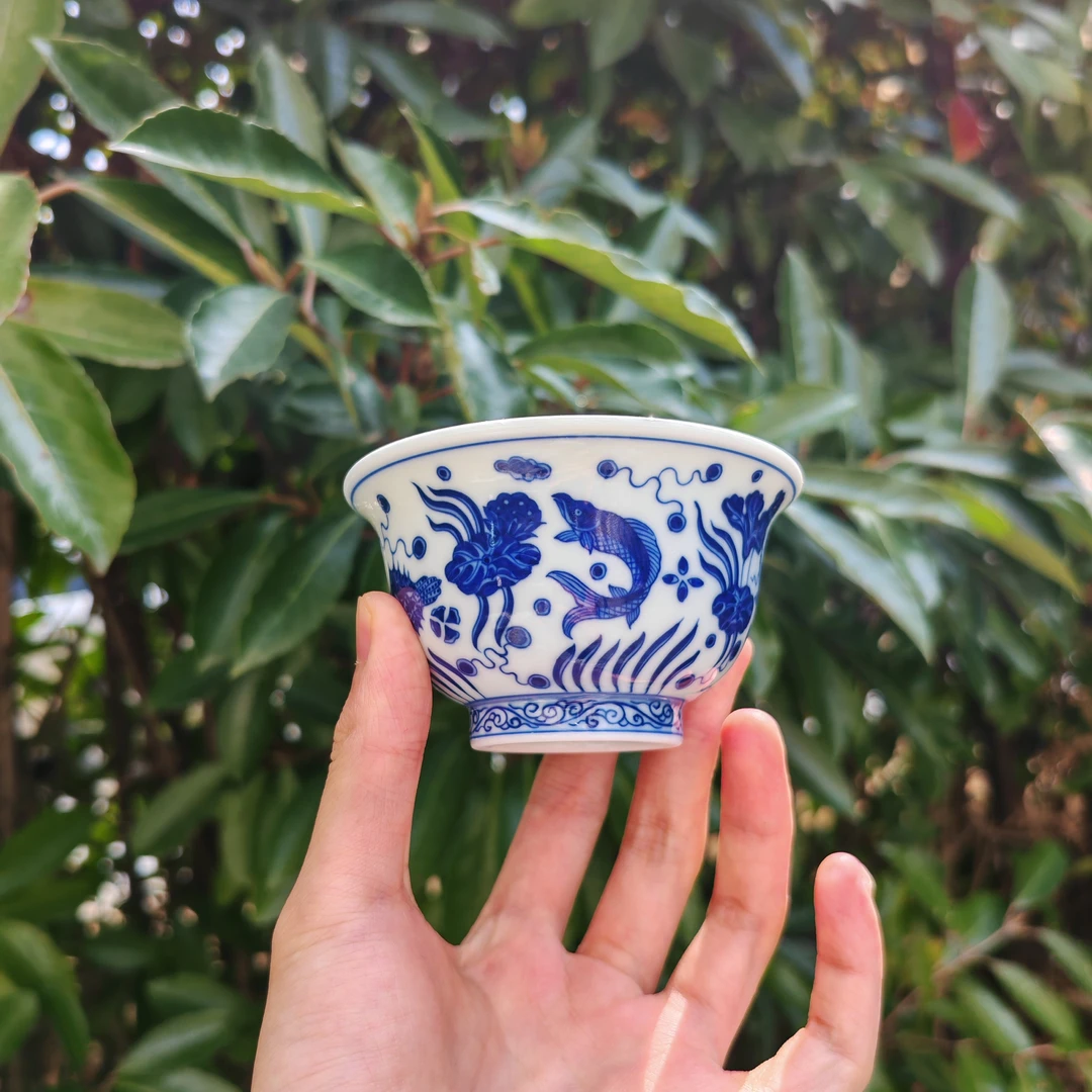 青花纯手工鱼澡陶瓷压手杯茶具