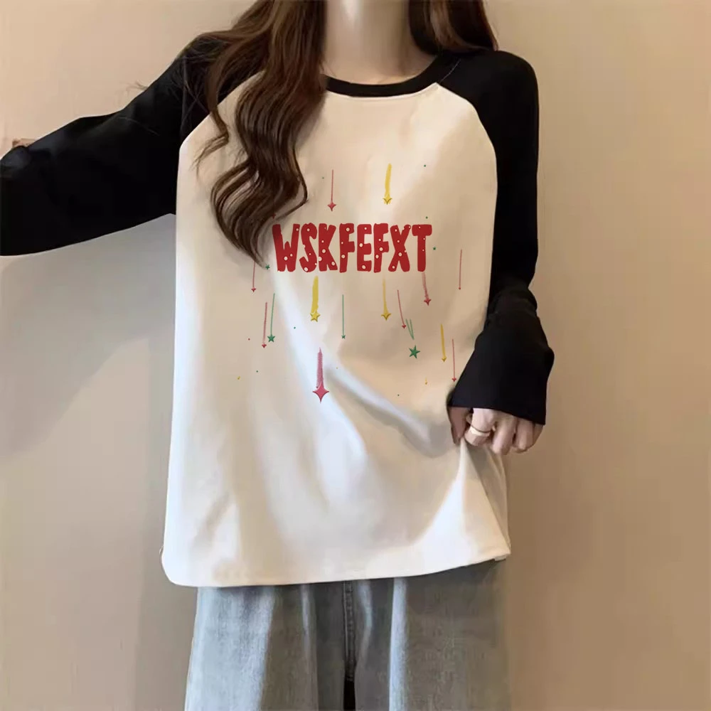 潮牌撞色插肩长袖t恤女2025春秋新款学生宽松休闲打底衫纯棉上衣