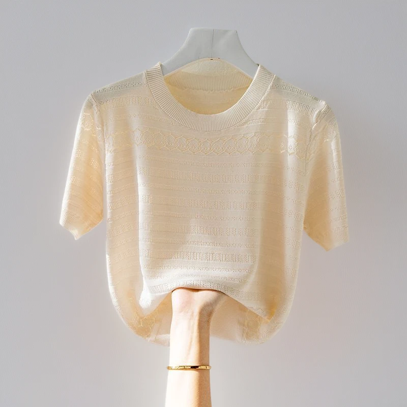 2025夏季新款冰丝短袖T恤女 薄款镂空遮肚宽松上衣洋气小衫针织衫