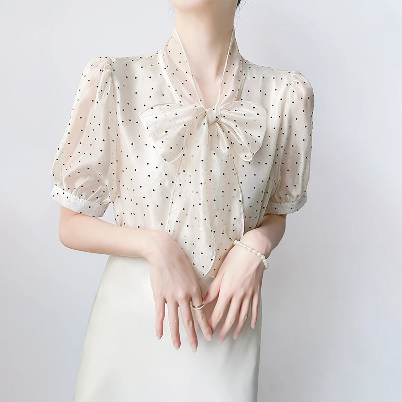 H35复古法式波点蝴蝶结飘带短袖衬衫女夏季新款时尚减龄洋气上衣