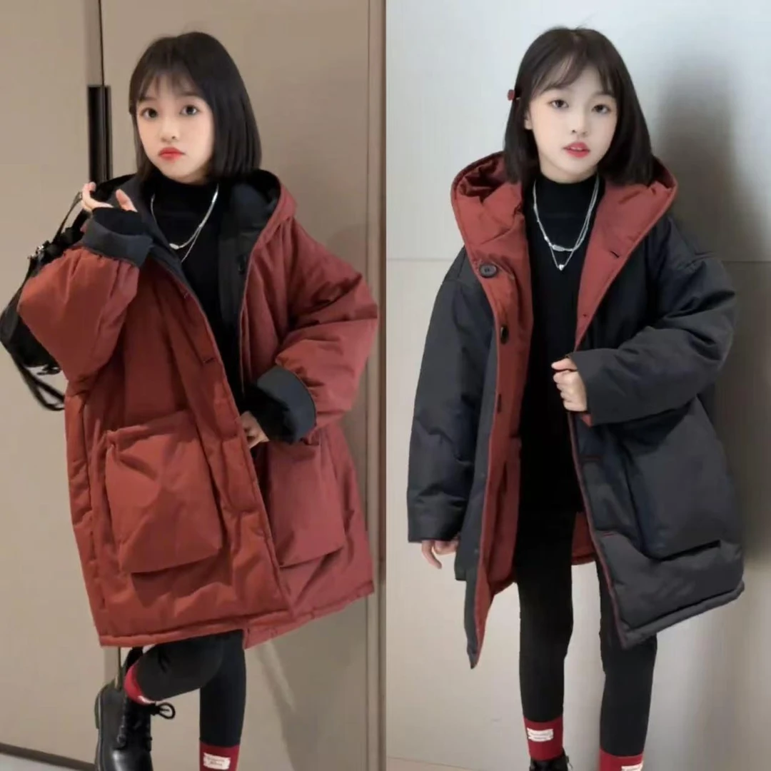 女童双面穿棉服韩版高级感中长款大口袋连帽加厚棉衣洋气冬季外套