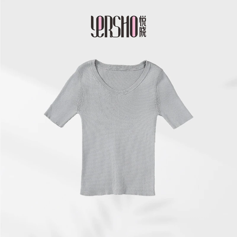悦晓螺纹T恤针织打底夏季修身纯色上衣显瘦圆领套头弹力通勤2421