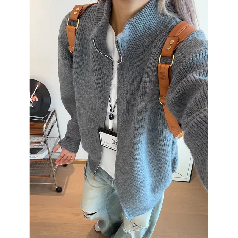 cleanfit立领双拉链毛衣开衫男款秋季美式复古慵懒风韩系夹克外套