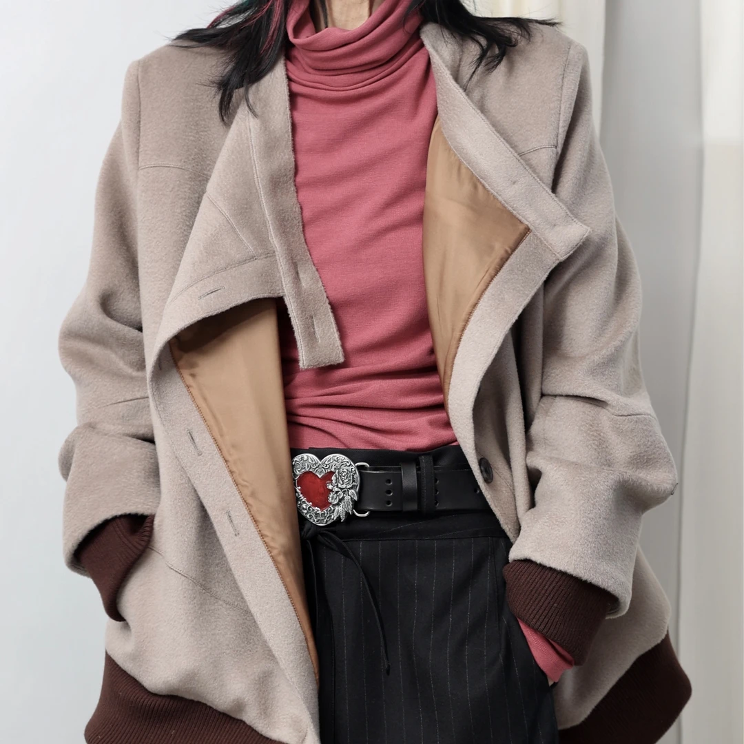 短外套双面高领上衣秋冬加绒加厚款外套风衣百搭休闲常规纯色