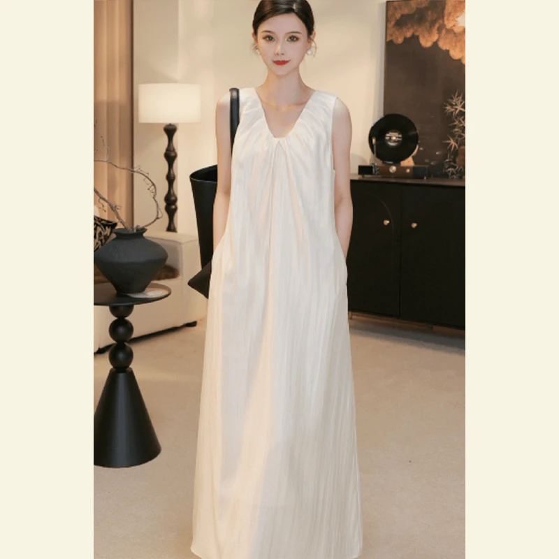 夏季气质名媛女神范长裙高端精致正式场合醋酸缎面白色无袖连衣裙