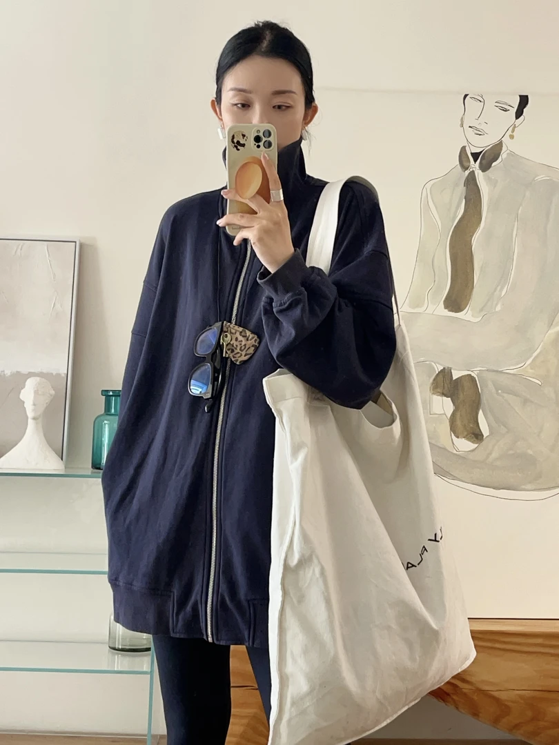 2025春长款卫衣拉链开衫长袖宽松纯色百搭休闲针织自制款牛货