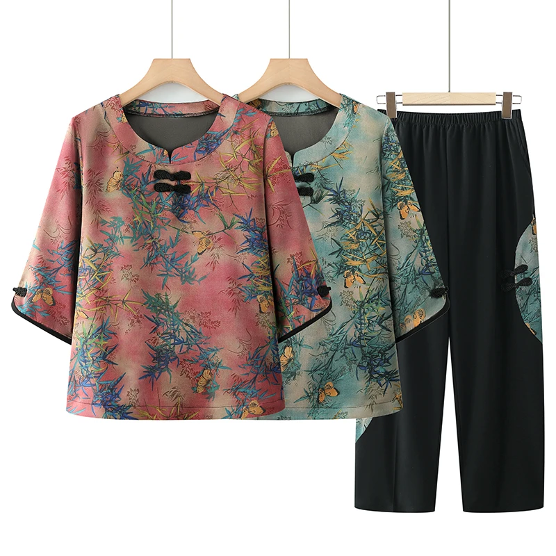 中老年人夏季女奶奶装夏装新款套装老太太老人60岁妈妈衣服薄T恤