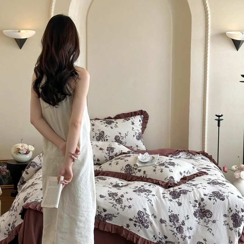 新款法式纯棉双层纱皱皱纱花边款新疆长绒棉双层纱绉纱四件套四季